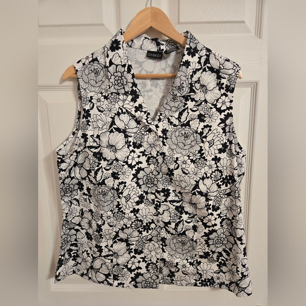 George Women's Cotton Black And White  Floral Sleeveless Blouse Size 18